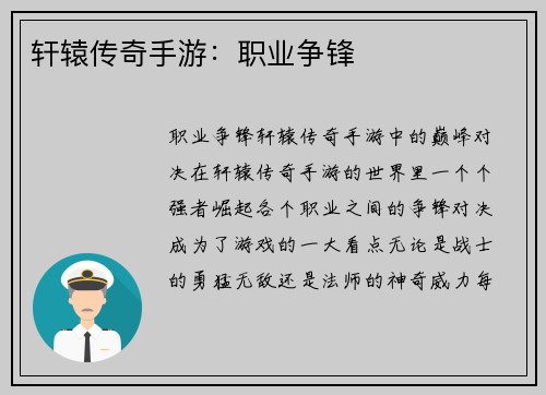 轩辕传奇手游：职业争锋