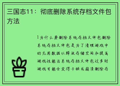三国志11：彻底删除系统存档文件包方法